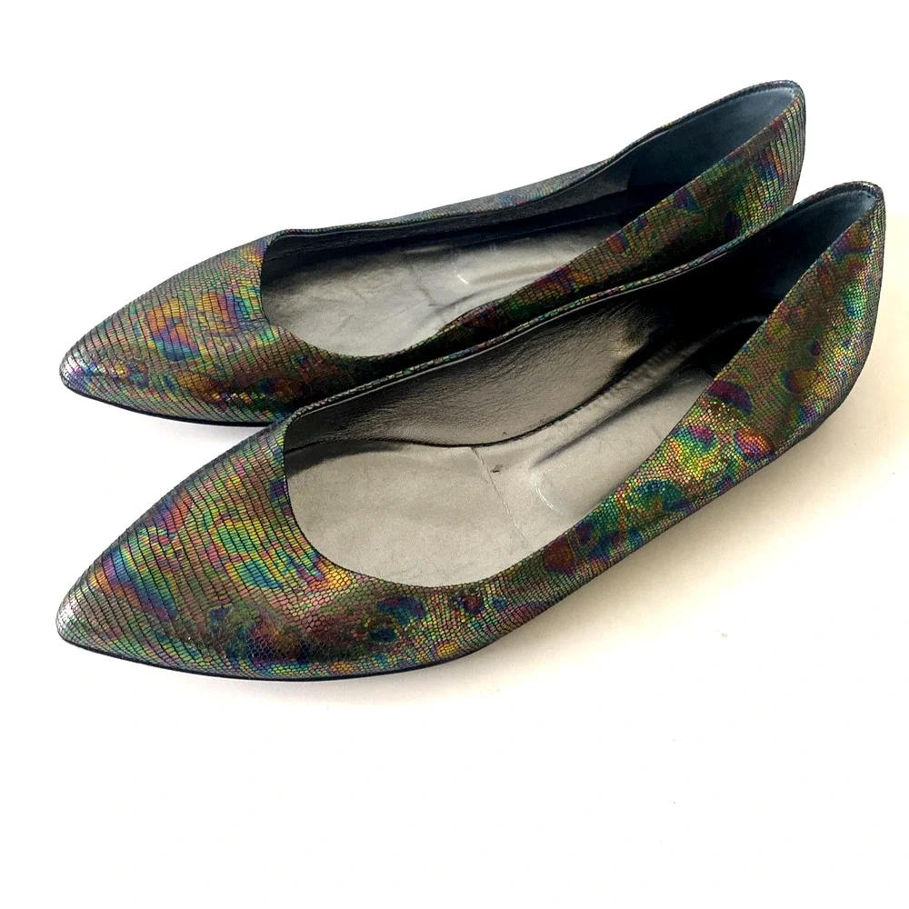 Mary Norton Ballet Flat Point Toe Leather Multi Color Snake Embossed 38.5